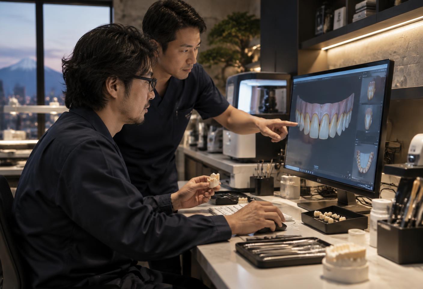 Dentist and laboratory technician collaborating on a veneer case